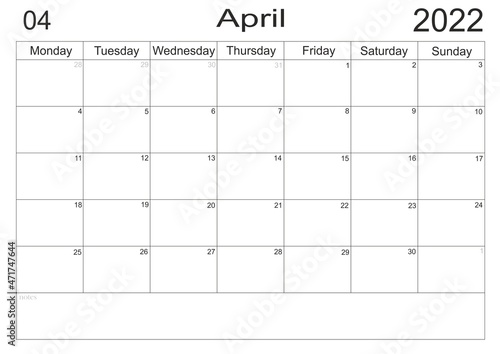 Planner April 2022. Empty cells of planner. Monthly organizer. Calendar 2022