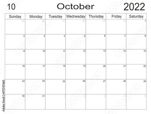 Planner October 2022. Empty cells of planner. Monthly organizer. Calendar 2022