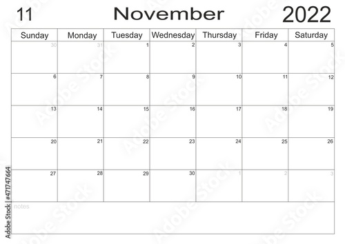 Planner November 2022. Empty cells of planner. Monthly organizer. Calendar 2022