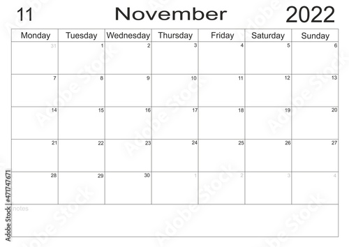 Planner November 2022. Empty cells of planner. Monthly organizer. Calendar 2022