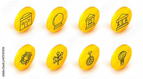 Set line Hot air balloon, Unicycle or one wheel bicycle, Fireworks, Target sport for shooting competition, Attraction carousel, Ticket box office, Magic and Circus tent icon. Vector