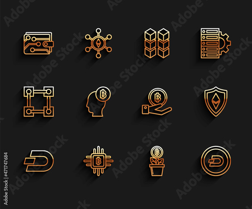 Set line Cryptocurrency coin Dash, CPU mining farm, wallet, Bitcoin plant the pot, think, Shield Ethereum ETH and Hand holding icon. Vector