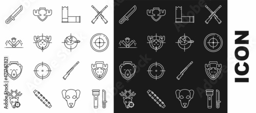 Set line Flashlight and knife, Moose head on shield, Target sport for shooting competition, Cartridges, Hunt moose with crosshairs, Trap hunting, Hunter and duck icon. Vector