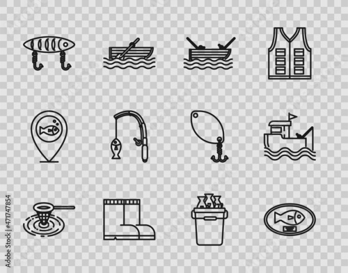 Set line Fishing net in water, trophy hanging on the board, boat with fishing rod, boots, lure, and, bucket fishes and icon. Vector