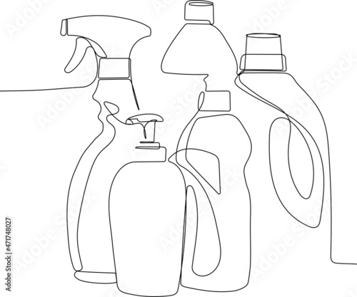 Continuous line draw of set bottles of different cleaning procucts friendly cleaning. Minimal concept. Vector illustration