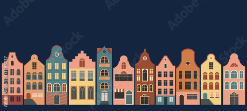 Netherlands Houses, Amsterdam traditional colorful homes, architecture illustrations