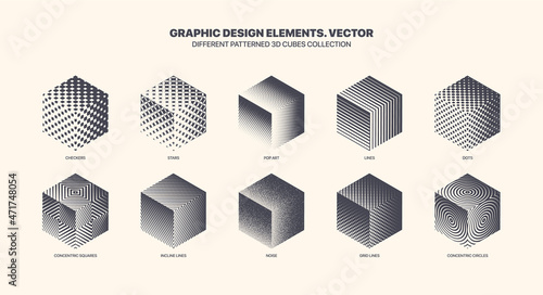 Assorted Various Patterned 3D Cube Vector With Different Geometric Textures Set Isolated On White Background. Modern Graphic Various Black White 3D Cubes Variety Pattern. Collection Of Design Elements