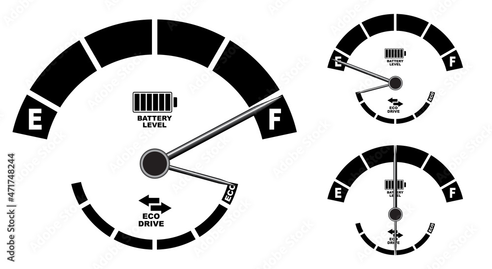 Electric car dashboard meters set, battery level, eco drive indicator