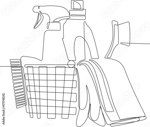 Continuous line draw of set bottles of different cleaning procucts friendly cleaning. Minimal concept. Vector illustration
