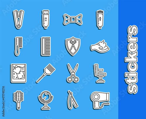 Set line Hair dryer, Barbershop chair, Shaving gel foam on hand, Bow tie, Hairbrush, Curling iron for and Scissors hairdresser shield icon. Vector