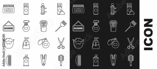 Set line Hairbrush, Scissors hairdresser, Classic Barber shop pole, Cream lotion cosmetic tube, Barbershop, jar and Electrical clipper shaver icon. Vector