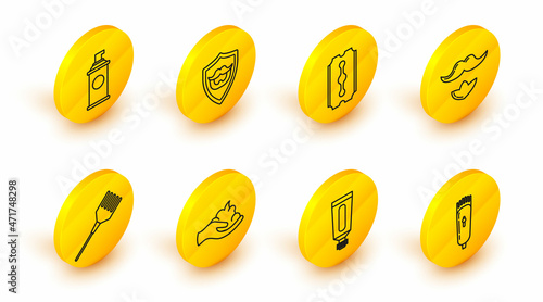 Set line Electrical hair clipper or shaver, Cream lotion cosmetic tube, Shaving gel foam hand, Hairbrush, Mustache beard, Blade razor, shield and icon. Vector