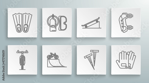 Set line Bicycle, Diving mask and aqualung, on street ramp, Pegs for tents, Gloves, Skateboard, Knee pads and Rubber flippers swimming icon. Vector