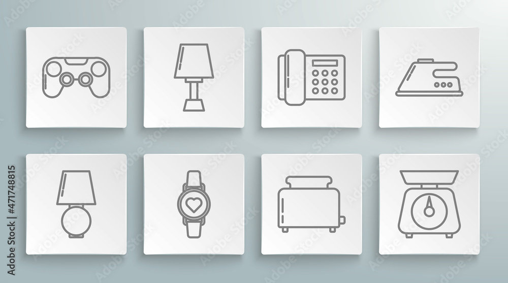 Set line Table lamp, Smart watch showing heart beat rate, Toaster with toasts, Scales, Telephone, Electric iron and Gamepad icon. Vector Set line Table lamp, Smart watch showing heart beat rate, Toaster with toasts, Scales, Telephone, Electric iron and Gamepad icon. Vector