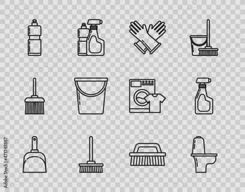 Set line Dustpan, Toilet bowl, Rubber gloves, Mop, Plastic bottles for liquid dishwashing liquid, Bucket, Brush cleaning and Cleaning spray with detergent icon. Vector