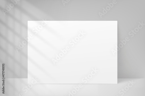 White blank frame mockup. Paper empty for visual prints. Mock up design poster, postcard, card, flyer, banner, banner, leaflet, template, picture. Shadow on wall from window light. Vector illustration