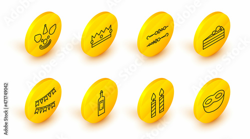 Set line Festive mask, Birthday cake candles, Bottle of wine, Carnival garland with flags, Cake, Grilled shish kebab, Crown and Clown head icon. Vector