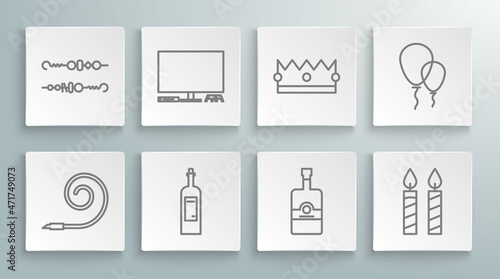Set line Birthday party horn, Video game console, Bottle of wine, Whiskey bottle, cake candles, Crown, Balloons with ribbon and Grilled shish kebab icon. Vector
