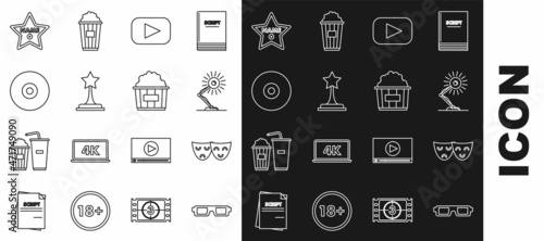 Set line 3D cinema glasses, Table lamp, Play, Movie trophy, CD or DVD disk, Hollywood walk of fame star on celebrity boulevard and Popcorn cardboard box icon. Vector