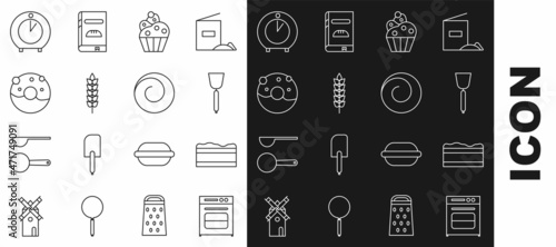 Set line Oven, Brownie chocolate cake, Spatula, Cupcake, Cereals with rice, wheat, corn, oats, rye, Donut sweet glaze, Kitchen timer and Roll bun cinnamon icon. Vector