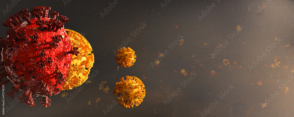 Corona Covid-19 virus mutation concept. Macro coronavirus. Omicron variant. Global pandemic crises. 3D rendering. - obrazy, fototapety, plakaty 
