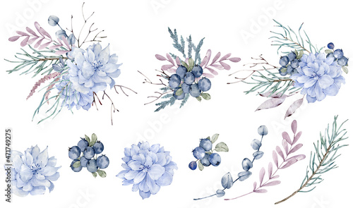 Watercolor winter bouquets with blue flowers, berries and pine branches. Christmas decoration clipart. New Year's cards.