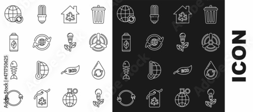 Set line Light bulb with leaf, Recycle clean aqua, Wind turbine, Eco House recycling symbol, Planet earth and, Recycling plastic bottle, and icon. Vector