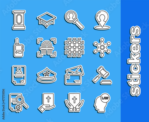 Set line Head with law, Judge gavel, Hexagram sheriff, Magnifying glass for search, Fingerprint, Walkie talkie, Stage stand debate podium rostrum and Prison window icon. Vector