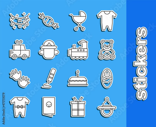 Set line Baby dummy pacifier, Newborn baby infant swaddled, Teddy bear plush toy, stroller, bottle, Toy car, Carnival garland with flags and train icon. Vector