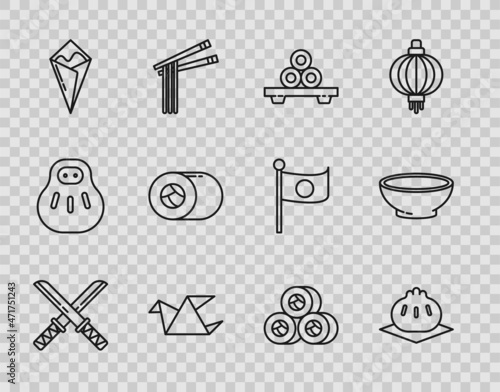 Set line Traditional Japanese katana, Khinkali cutting board, Sushi, Origami bird, Temaki roll, and Bowl of hot soup icon. Vector