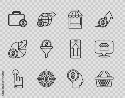 Set line Hand touch and tap gesture, Shopping basket, building or market store, Target with dollar, Briefcase money, Lead management, Business planning mind and Online shopping concept icon. Vector
