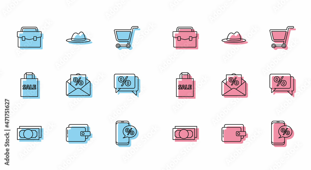 Set line Stacks paper money cash, Wallet, Briefcase, Percent discount and phone, Envelope with interest, Discount percent tag, Shoping bag Sale and Man hat ribbon icon. Vector Set line Stacks paper money cash, Wallet, Briefcase, Percent discount and phone, Envelope with interest, Discount percent tag, Shoping bag Sale and Man hat ribbon icon. Vector