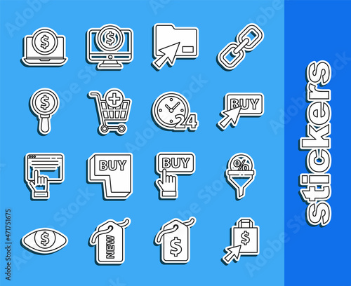 Set line Shoping bag and dollar, Lead management, Buy button, Cursor click document folder, Add Shopping cart, Magnifying glass, Laptop with and Clock 24 hours icon. Vector
