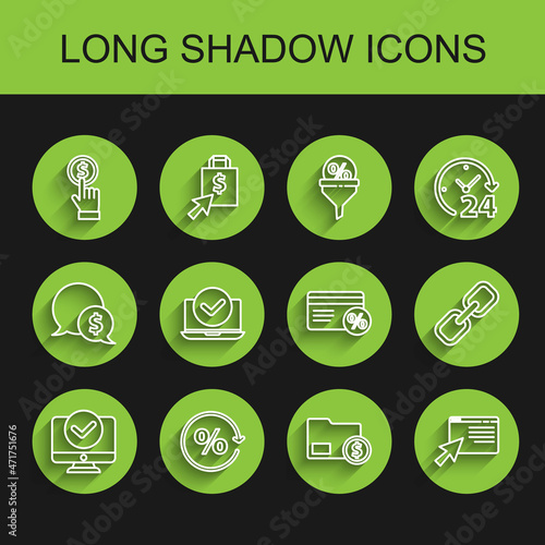 Set line Computer monitor, Discount percent tag, Hand holding coin, Envelope with dollar, Online shopping screen, Laptop, Chain link and card icon. Vector