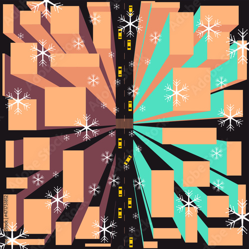 Vector graphics - abstract square composition - a view of the rectangular roofs of skyscrapers from above and the roadway below with yellow taxis and snowflakes falling from above. Winter in New York