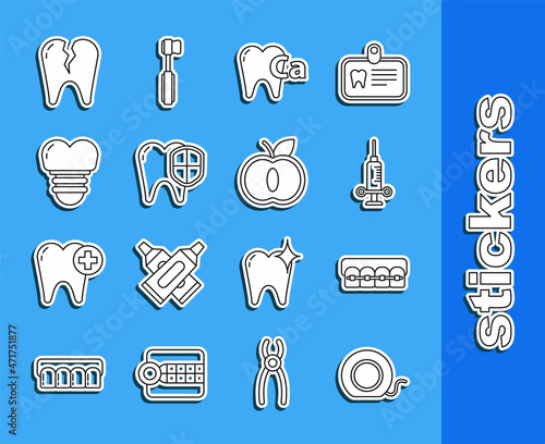 Set line Dental floss, Teeth with braces, medical syringe, Calcium for tooth, protection, implant, Broken and Apple icon. Vector