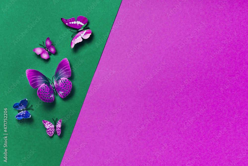 Vivid duotone green and violet background with butterflies. Color