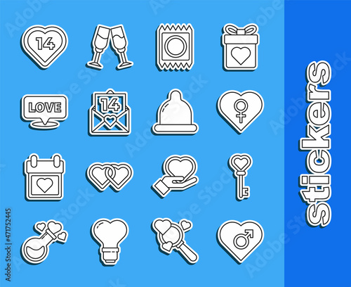 Set line Heart with male gender, Key in heart shape, female, Condom package, Envelope Valentine, Speech bubble text love, and icon. Vector