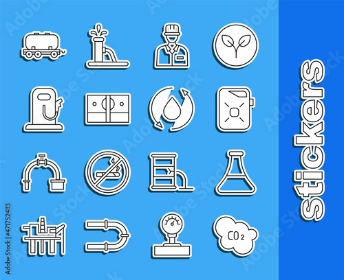 Set line CO2 emissions in cloud, Oil petrol test tube, Canister for motor oil, Oilman, Stacks paper money cash, Petrol gas station, railway cistern and drop icon. Vector