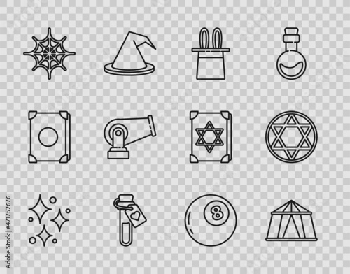 Set line Sparkle stars with magical glitter, Circus tent, Magician hat and rabbit ears, Bottle love potion, Spider web, Cannon, ball of predictions and Star David icon. Vector
