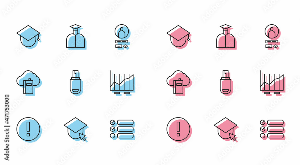 Set line Information, Graduation cap globe, Task list, USB flash drive, Pie chart infographic, Cloud online library and Student icon. Vector Set line Information, Graduation cap globe, Task list, USB flash drive, Pie chart infographic, Cloud online library and Student icon. Vector