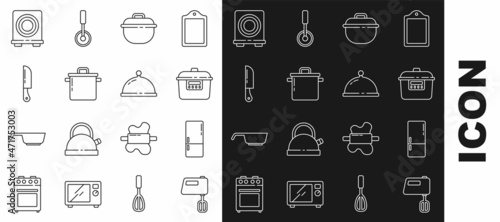 Set line Electric mixer, Refrigerator, Slow cooker, Cooking pot, Knife, stove and Covered with tray of food icon. Vector