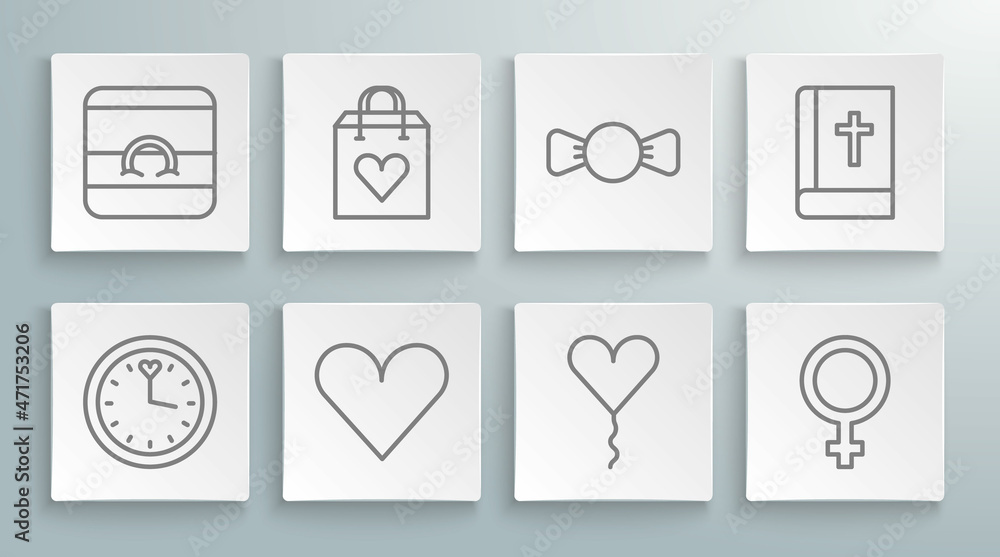 Set line Clock, Shopping bag with heart, Heart, Balloon form of, Female gender symbol, Bow tie, Holy bible book and Wedding rings icon. Vector Set line Clock, Shopping bag with heart, Heart, Balloon form of, Female gender symbol, Bow tie, Holy bible book and Wedding rings icon. Vector