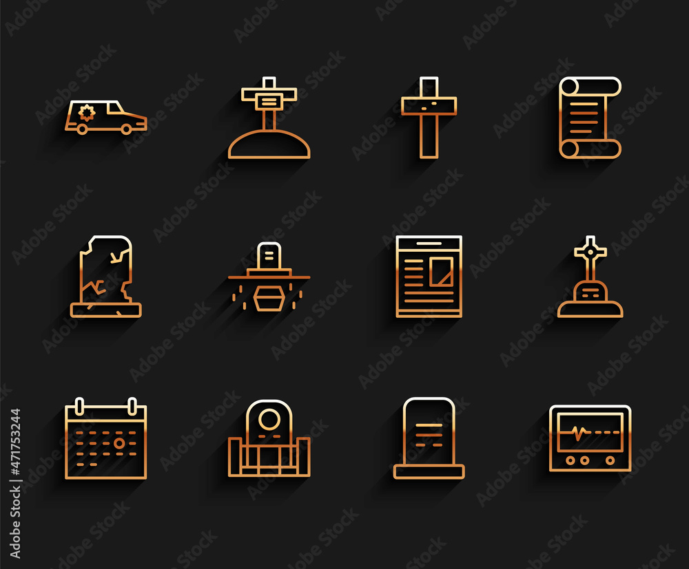 Set line Calendar death, Grave with tombstone, Hearse car, Beat dead in monitor, coffin, cross and Obituaries icon. Vector Set line Calendar death, Grave with tombstone, Hearse car, Beat dead in monitor, coffin, cross and Obituaries icon. Vector