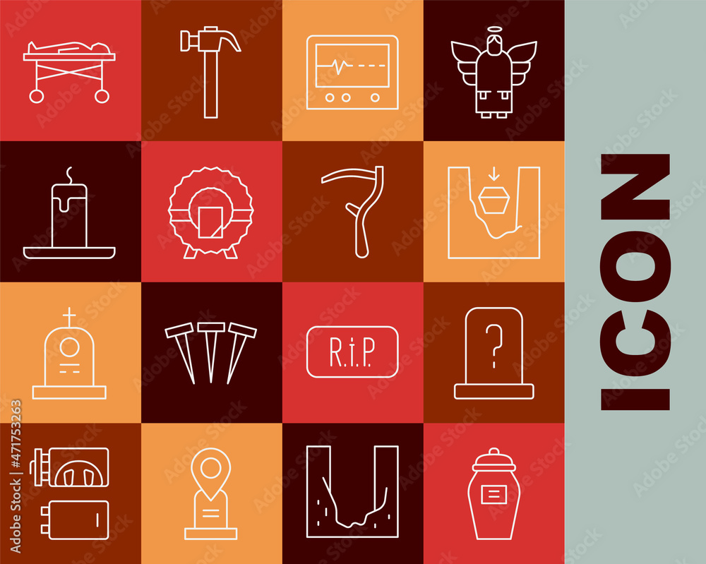 Set line Funeral urn, Grave with tombstone, Coffin in grave, Beat dead monitor, Memorial wreath, Burning candle, Dead body the morgue and Scythe icon. Vector Set line Funeral urn, Grave with tombstone, Coffin in grave, Beat dead monitor, Memorial wreath, Burning candle, Dead body the morgue and Scythe icon. Vector