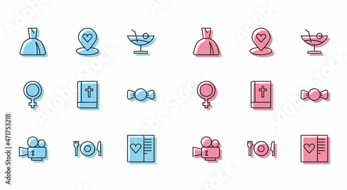 Set line Cinema camera, Plate, fork and knife, Woman dress, Postcard with heart, Holy bible book, Bow tie, Female gender symbol and Location icon. Vector