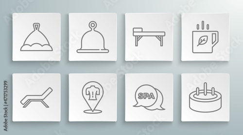 Set line Sunbed and umbrella, Sauna hat, Massage, Spa salon, Swimming pool with ladder, table, Cup of tea leaf and icon. Vector
