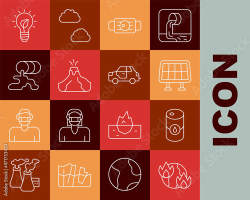 Set line Global warming fire, Barrel oil, Solar energy panel, Medical protective mask, Volcano eruption with lava, leak, Light bulb leaf and Car icon. Vector