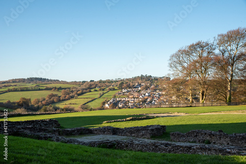 Launceston, Cornwall, England, UK 2021. North Launceston rural housing ajoining farmland view from grounds of Launceston Castle, photo