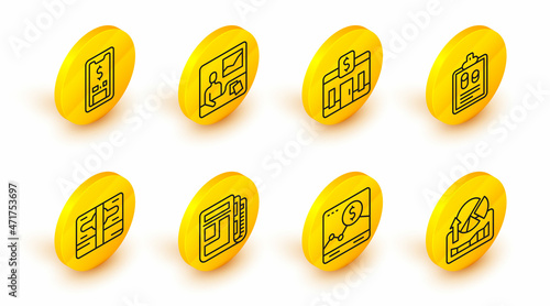 Set line Stocks market growth graphs, Website with, news, Stacks paper money cash, Business finance report, Bank building, Trading courses and Mobile dollar icon. Vector